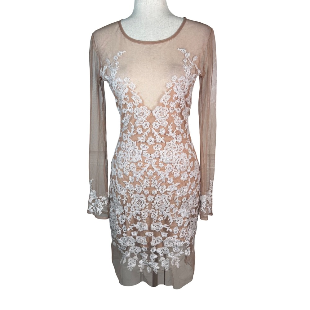 For Love & Lemons Luau Lace Mesh Mini Dress L Nude White Romantic Sheer